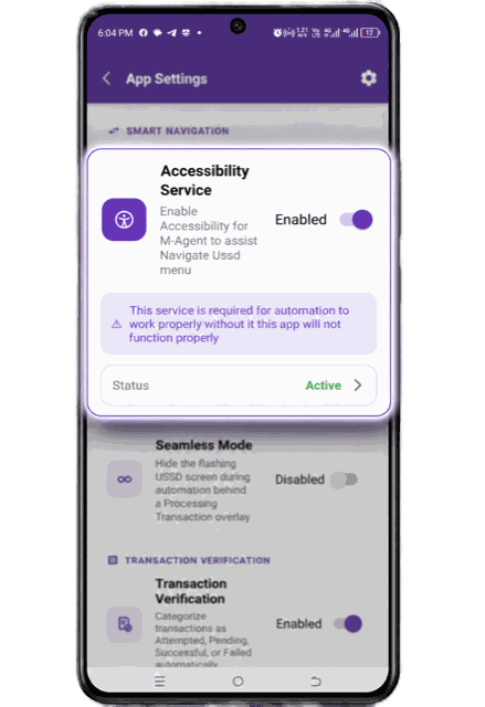 App Settings on M-Agent, showing Accessibility Service enabled and the status reading Active.