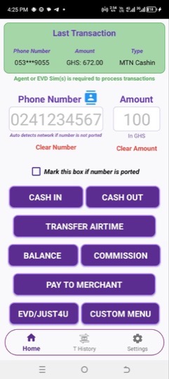 The M-Agent home screen, showing the Last Transaction banner above the number and amount fields and the transaction buttons.