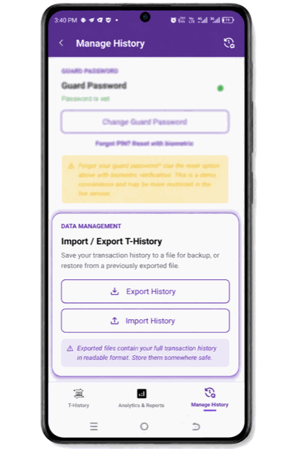 Manage History screen on M-Agent, showing the Import and Export T-History section with Export History and Import History buttons.